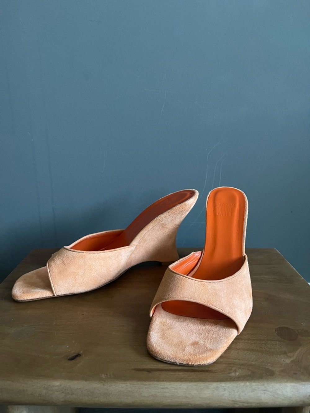 Maryam Nassir Zadeh MNZ Suede Wedge Mules Neutral Minimal Sculptural Heel Chic - Picture 2 of 6